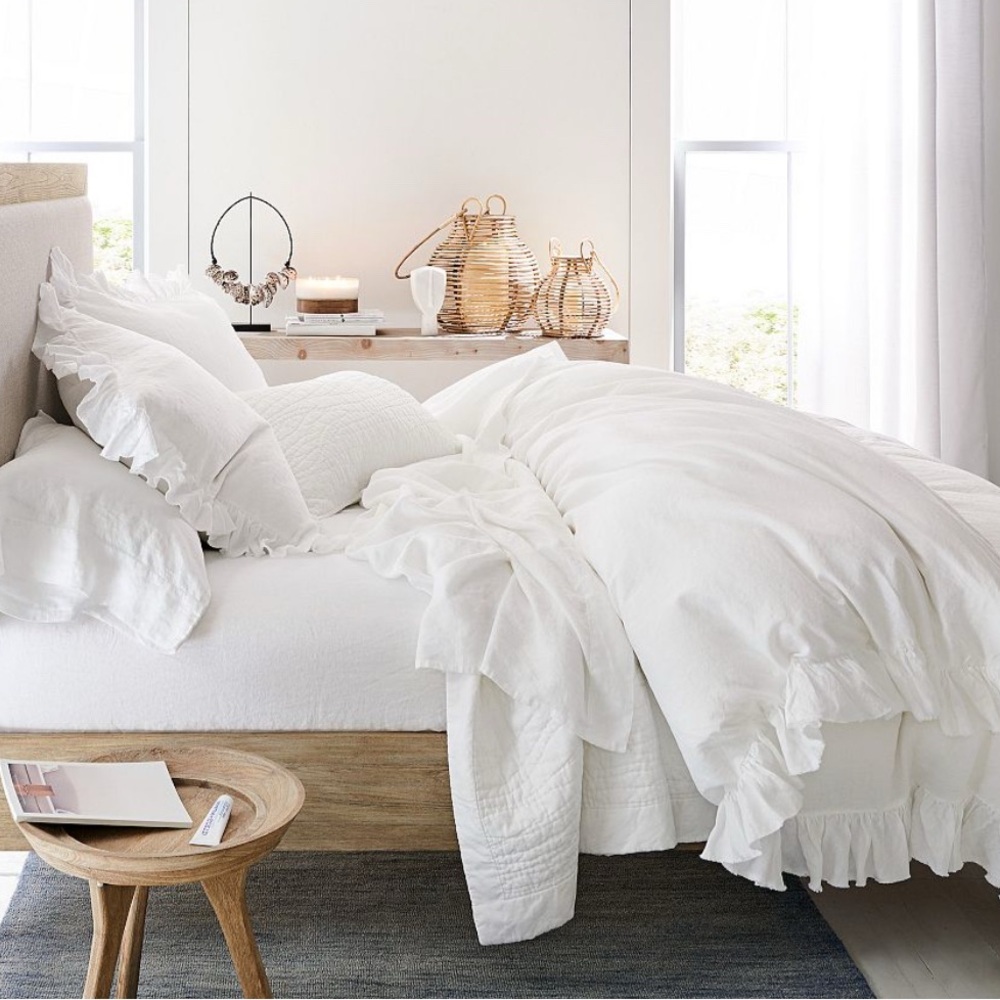 Pottery Barn BELGIAN FLAX LINEN FRINGE RUFFLE Duvet King 2 King Shams White NWOT